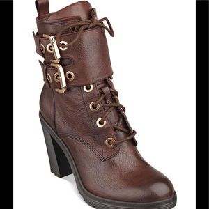 Brown GUESS Finlay Lace-Up Buckle Booties